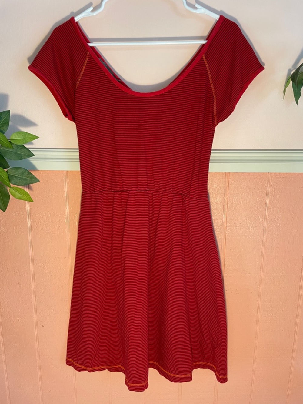 Prana Red Striped Scoop-Neck Short Sleeve Mini Dress, Size Medium